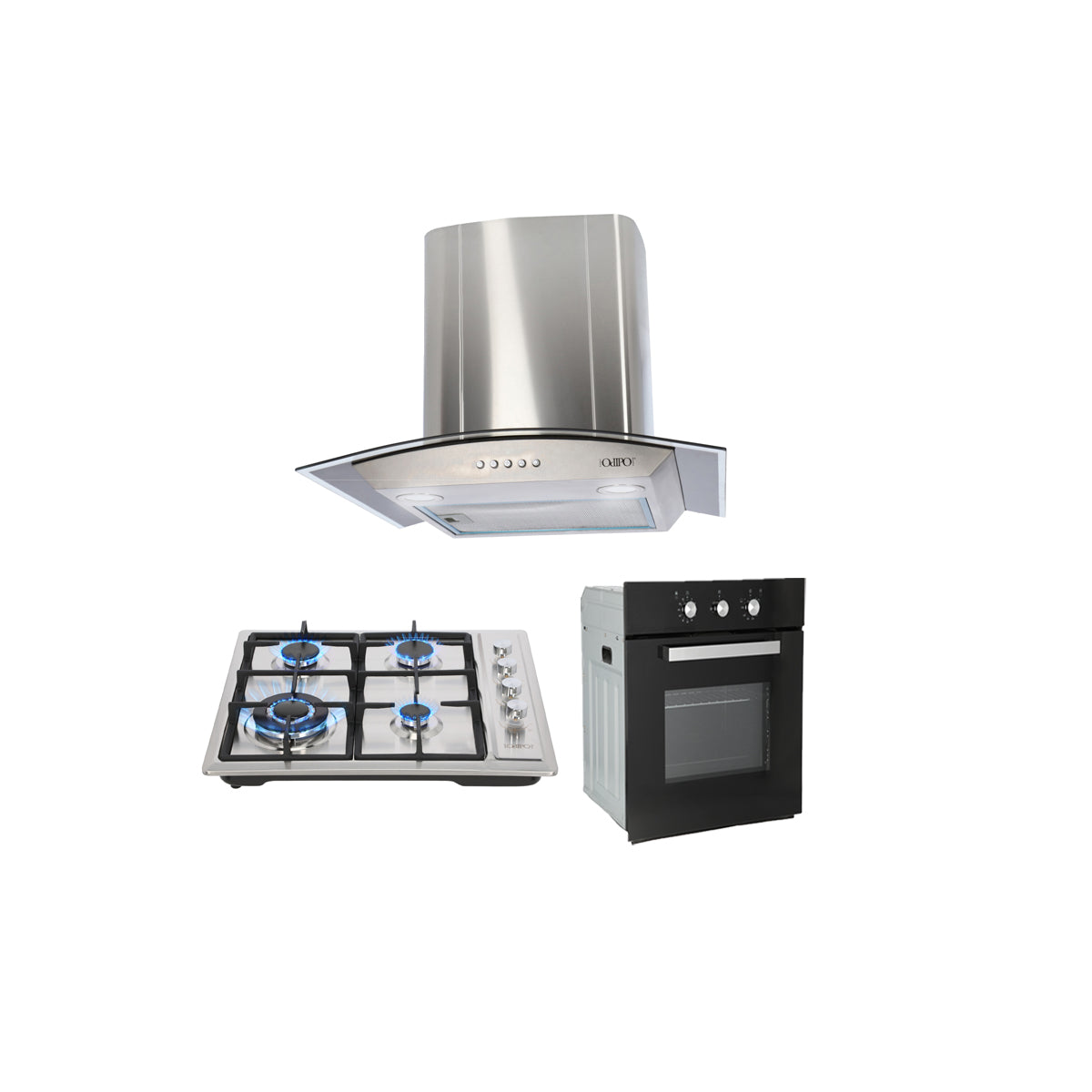 campana extractora de pared en acero inoxidable 60cm, parrilla de gas acero inoxidable de 4 quemadores y Horno eléctrico empotrable de gas