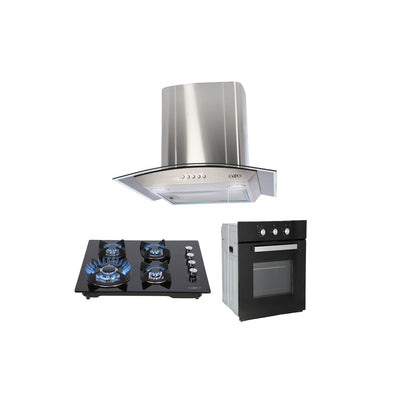 campana extractora de pared en acero inoxidable 60cm, parrilla de gas cristal templado de 4 quemadores y Horno eléctrico empotrable de gas