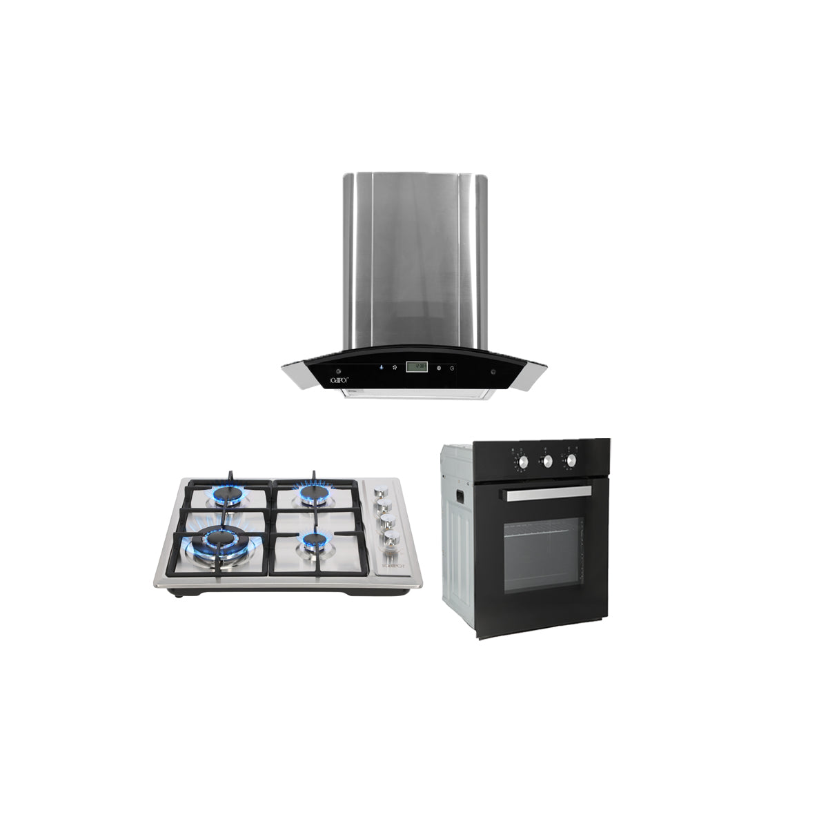 campana extractora de pared en acero inoxidable digital 60cm, parrilla de gas acero inoxidable de 4 quemadores y Horno eléctrico empotrable de gas