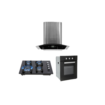 campana extractora de pared en acero inoxidable digital 60cm, parrilla de gas cristal templado de 4 quemadores y Horno eléctrico empotrable de gas