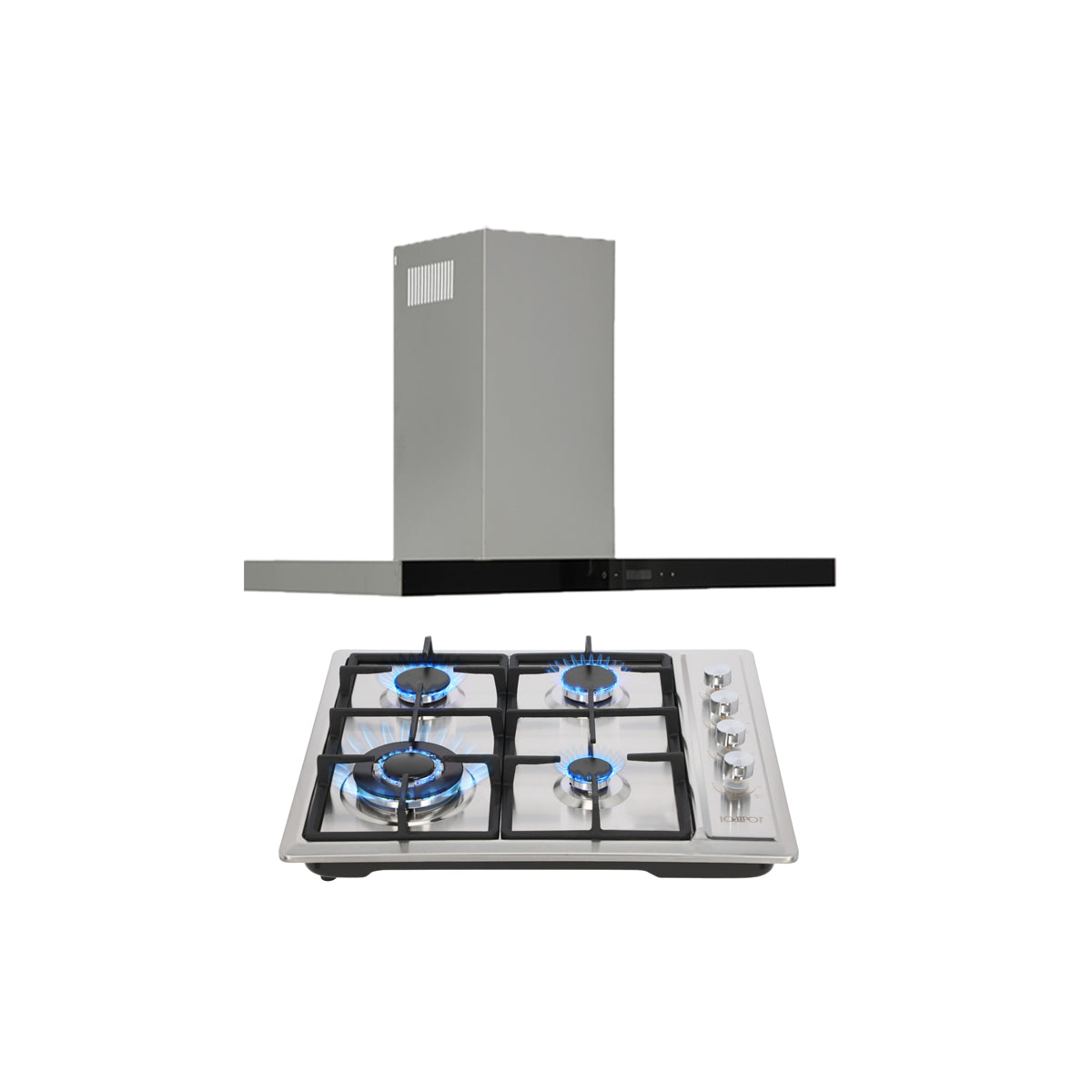 campana extractora de pared en acero inoxidable 90cm y parrilla de gas acero inoxidable de 4 quemadores