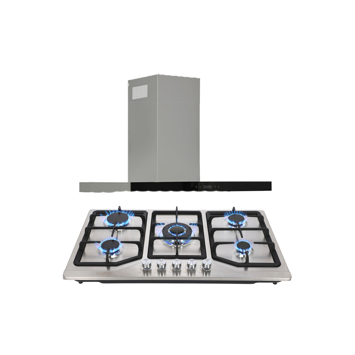 campana extractora de pared en acero inoxidable 90cm y parrilla de gas acero inoxidable de 5 quemadores