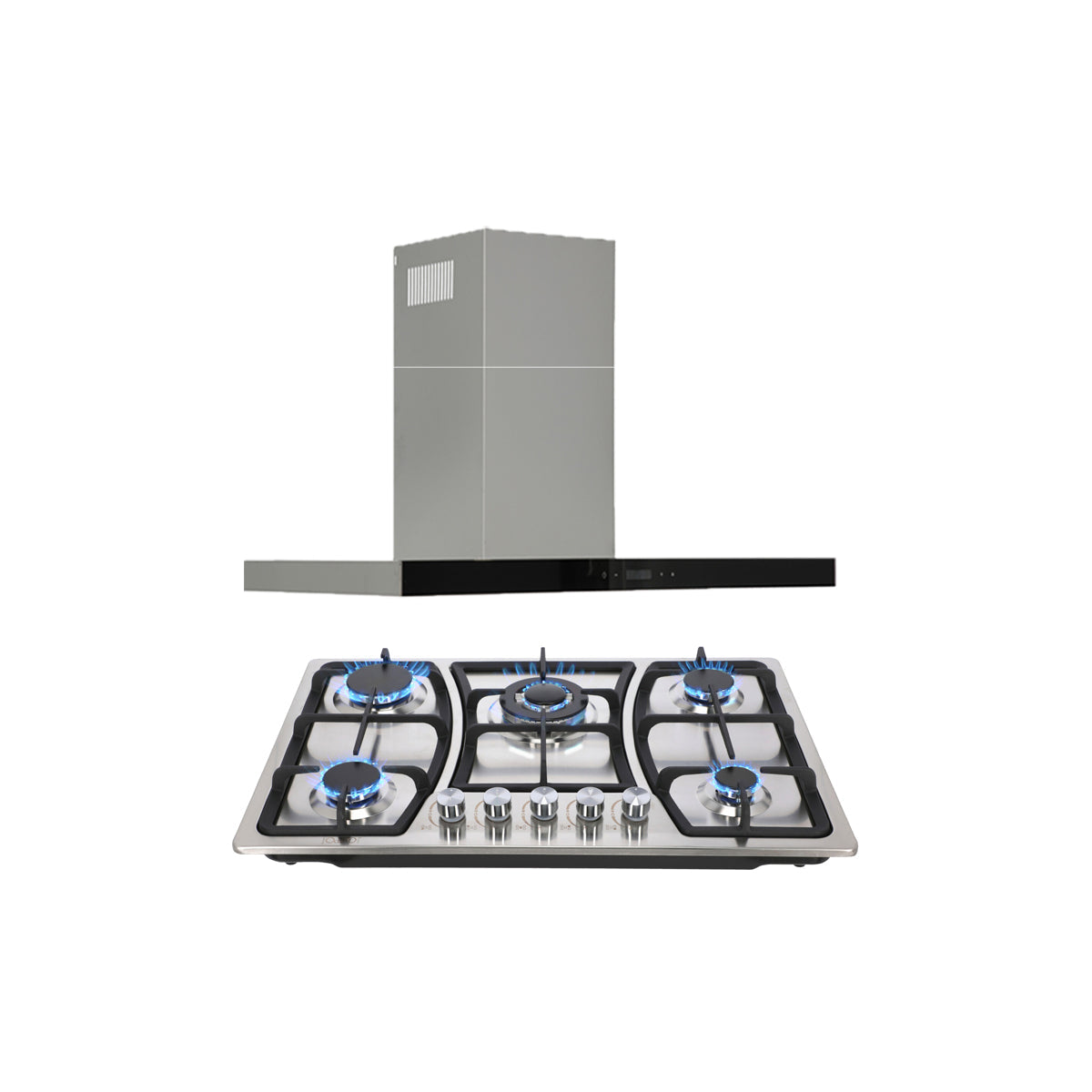 campana extractora de pared en acero inoxidable 90cm y parrilla de gas acero inoxidable de 5 quemadores
