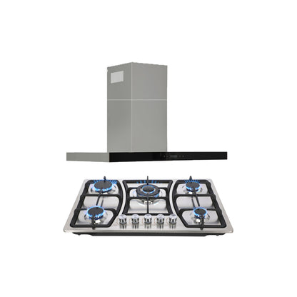 campana extractora de pared en acero inoxidable 90cm y parrilla de gas acero inoxidable de 5 quemadores