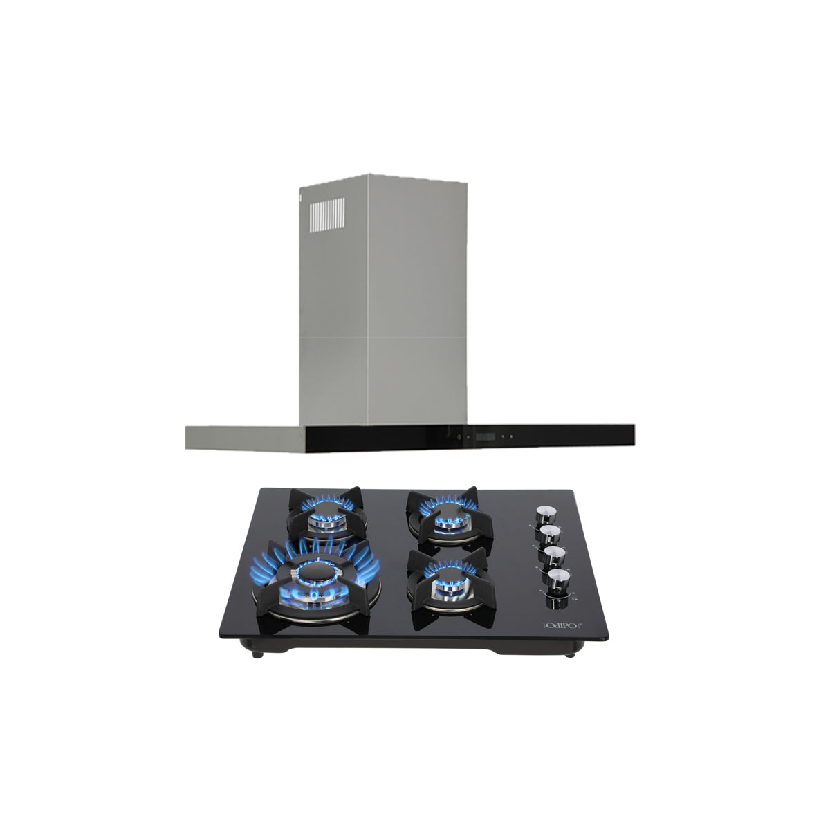 campana extractora de pared en acero inoxidable 90cm y parrilla de gas cristal templado de 4 quemadores