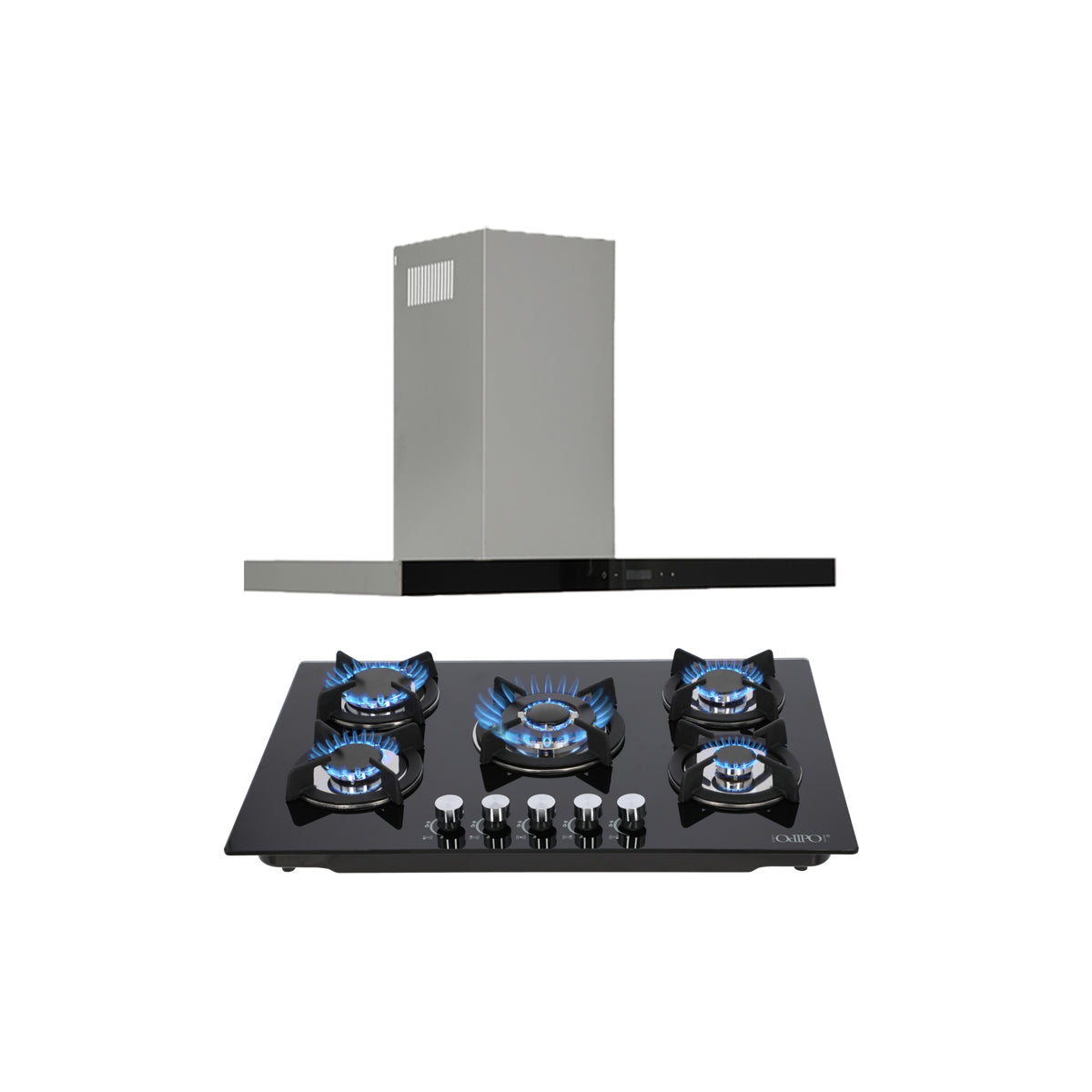 campana extractora de pared en acero inoxidable 90cm y parrilla de gas cristal templado de 5 quemadores