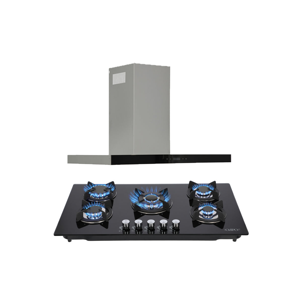 campana extractora de pared en acero inoxidable 90cm y parrilla de gas cristal templado de 5 quemadores