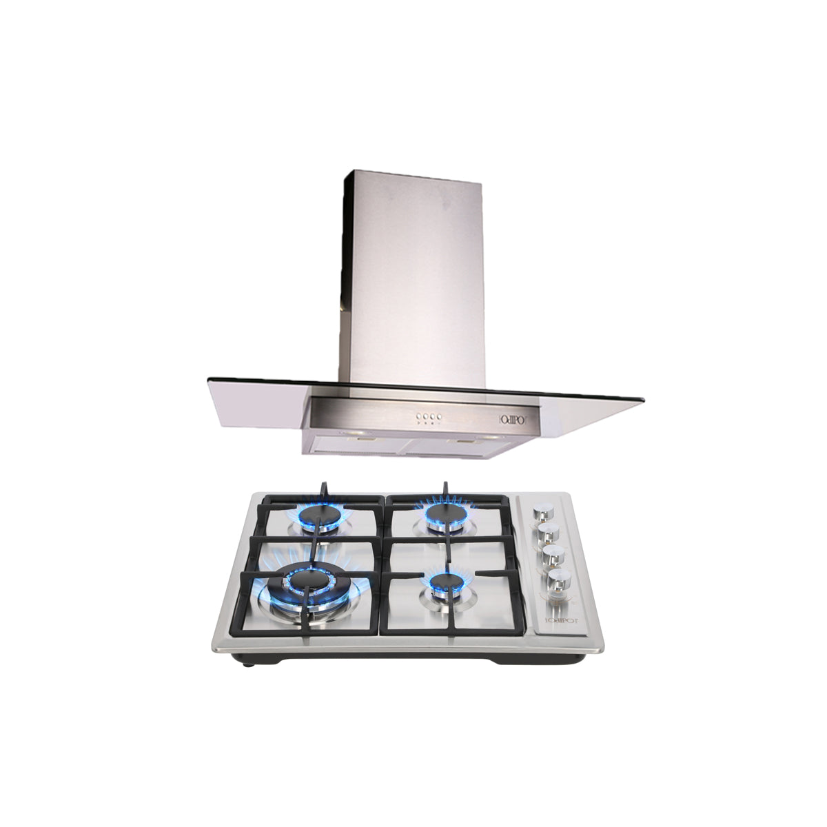 campana extractora de pared en acero inoxidable 90cm y parrilla de gas acero inoxidable de 4 quemadores