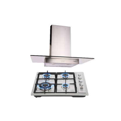 campana extractora de pared en acero inoxidable 90cm y parrilla de gas acero inoxidable de 4 quemadores