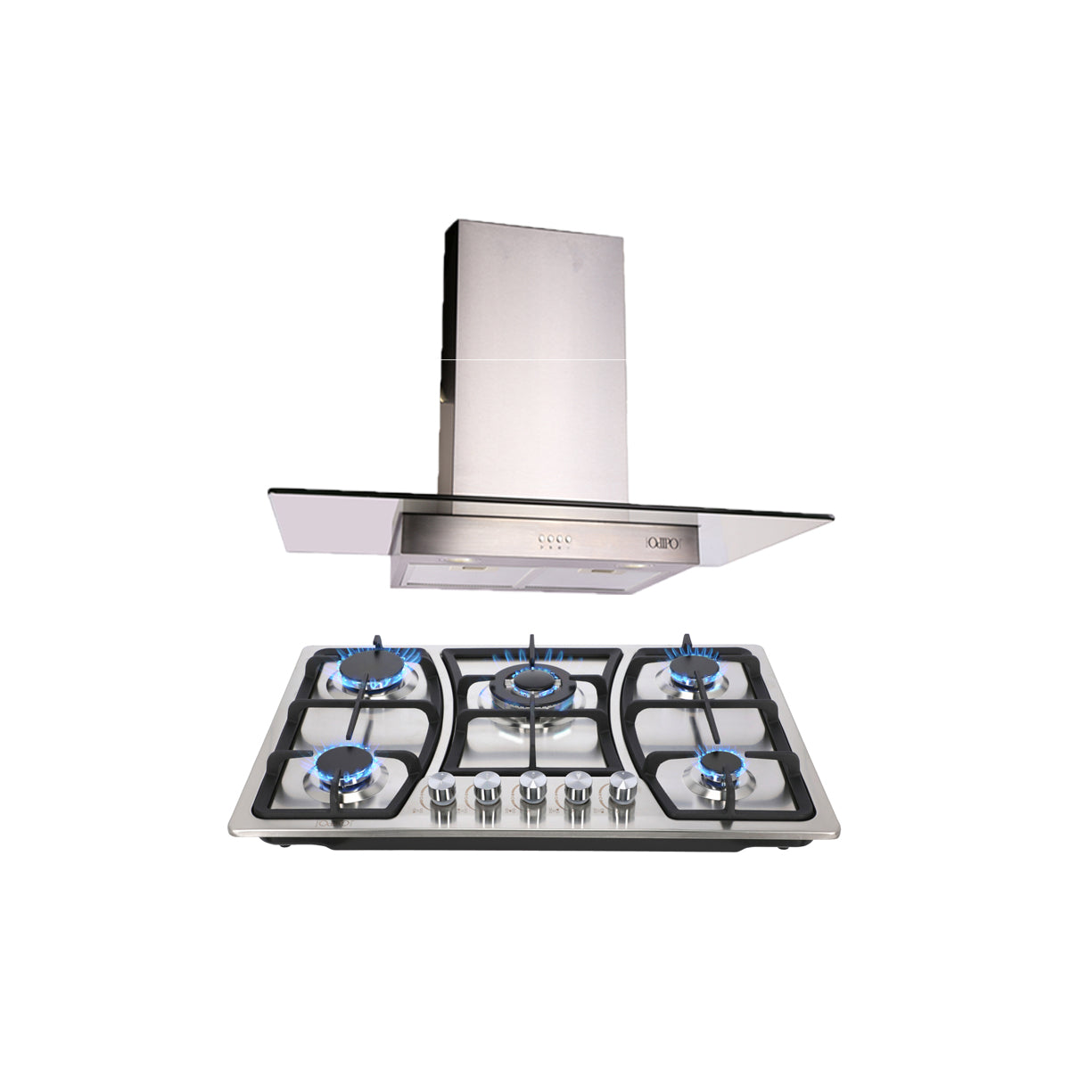 campana extractora de pared en acero inoxidable 90cm y parrilla de gas acero inoxidable de 5 quemadores