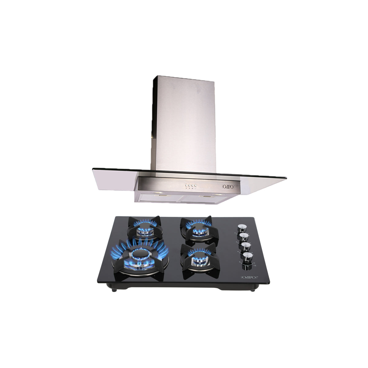 campana extractora de pared en acero inoxidable 90cm y parrilla de gas cristal templado de 4 quemadores