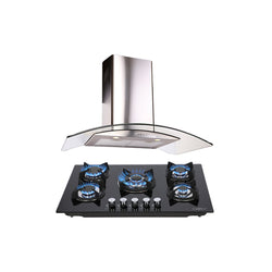 Campana extractora de pared en acero inoxidable 90cm y parrilla de gas cristal templado de 5 quemadores
