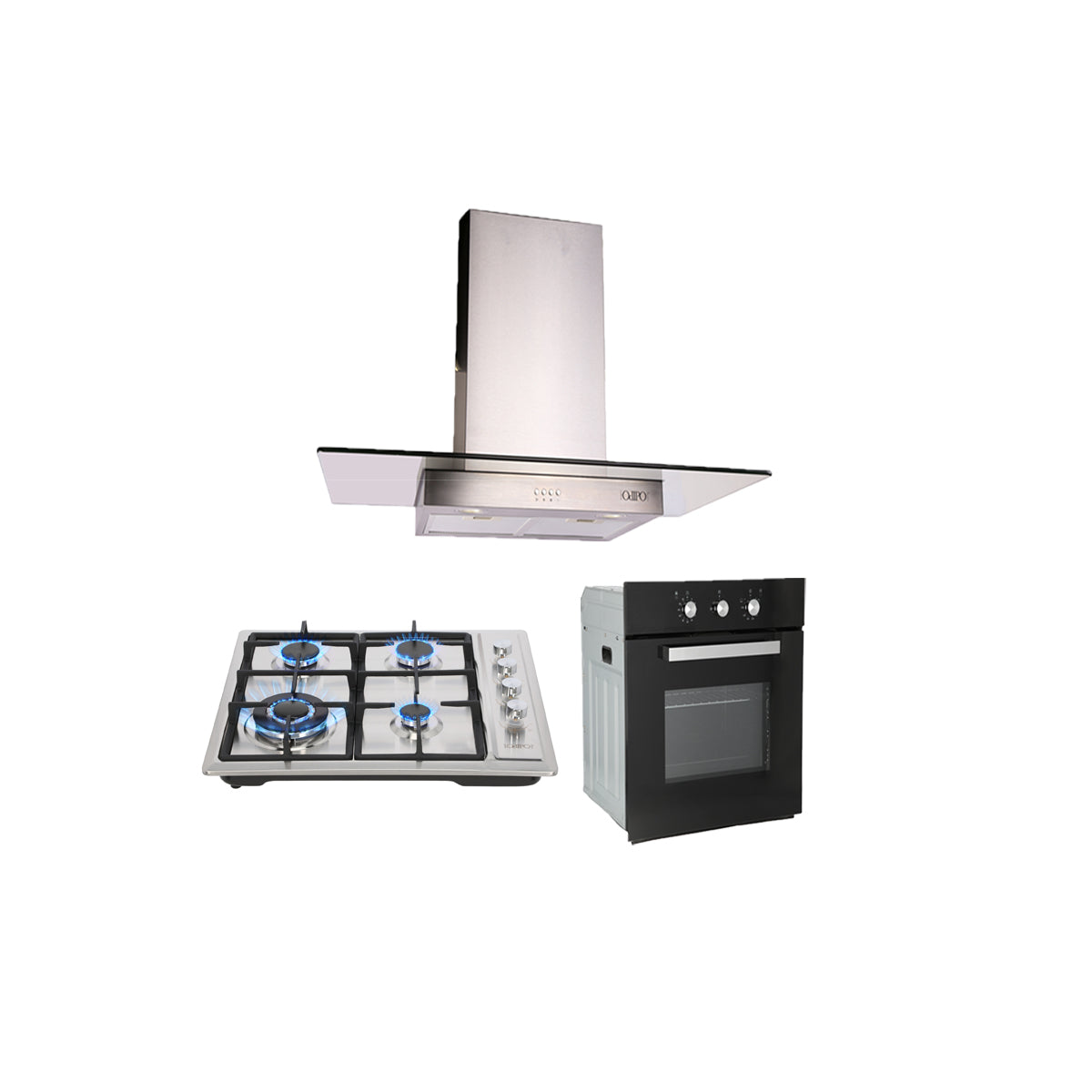 campana extractora de pared en acero inoxidable 90cm, parrilla de gas acero inoxidable de 4 quemadores y Horno eléctrico empotrable de gas