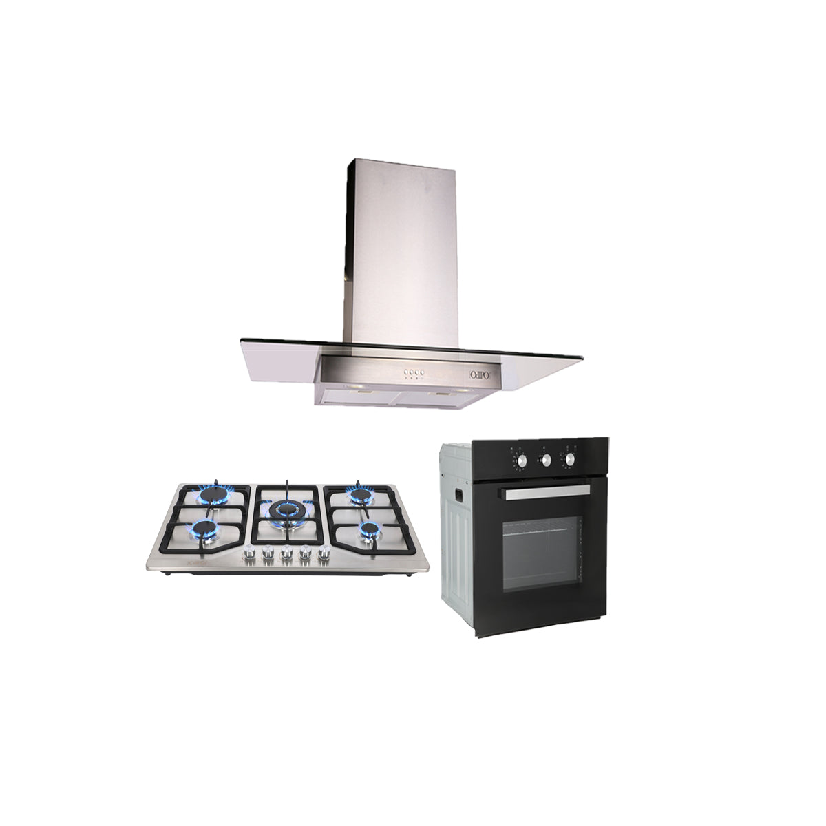 campana extractora de pared en acero inoxidable 90cm, parrilla de gas acero inoxidable de 5 quemadores y Horno eléctrico empotrable de gas