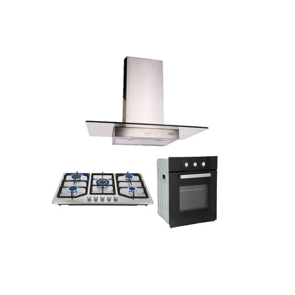 campana extractora de pared en acero inoxidable 90cm, parrilla de gas acero inoxidable de 5 quemadores y Horno eléctrico empotrable de gas
