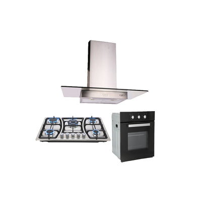campana extractora de pared en acero inoxidable 90cm, parrilla de gas acero inoxidable de 5 quemadores y Horno eléctrico empotrable de gas