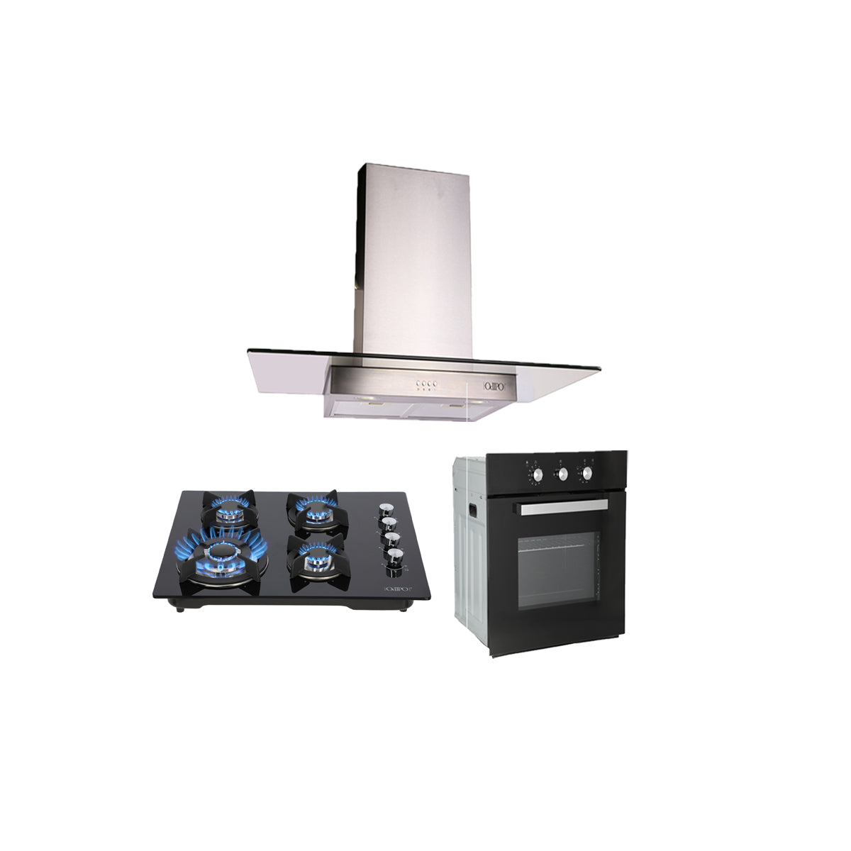 campana extractora de pared en acero inoxidable 90cm, parrilla de gas cristal templado de 4 quemadores y Horno eléctrico empotrable de gas