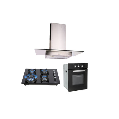 campana extractora de pared en acero inoxidable 90cm, parrilla de gas cristal templado de 4 quemadores y Horno eléctrico empotrable de gas