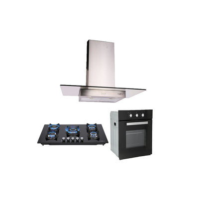 campana extractora de pared en acero inoxidable 90cm, parrilla de gas cristal templado de 5 quemadores y Horno eléctrico empotrable de gas