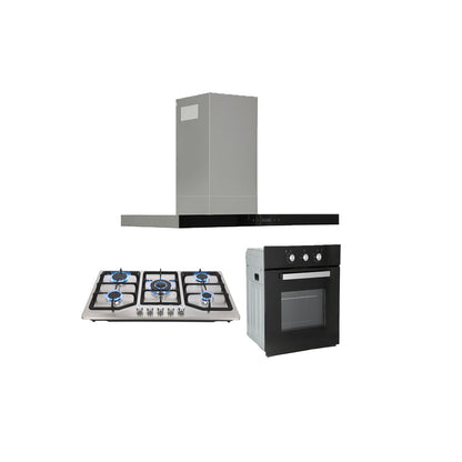 campana extractora de pared en acero inoxidable 90cm, parrilla de gas acero inoxidable de 5 quemadores y Horno eléctrico empotrable de gas