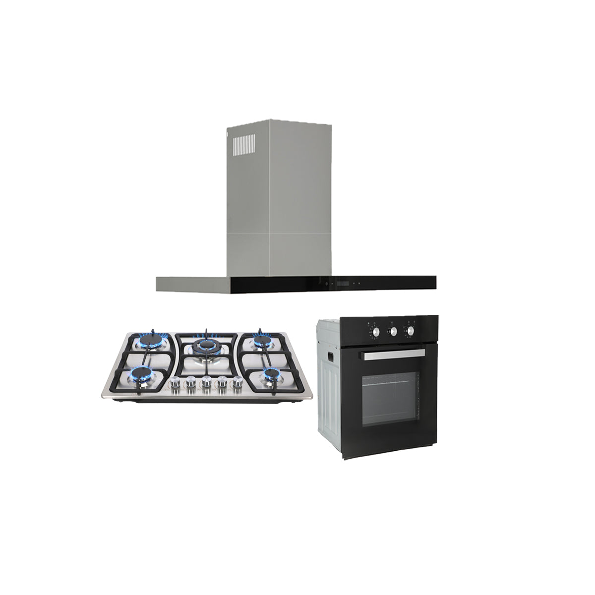 campana extractora de pared en acero inoxidable 90cm, parrilla de gas acero inoxidable de 5 quemadores y Horno eléctrico empotrable de gas