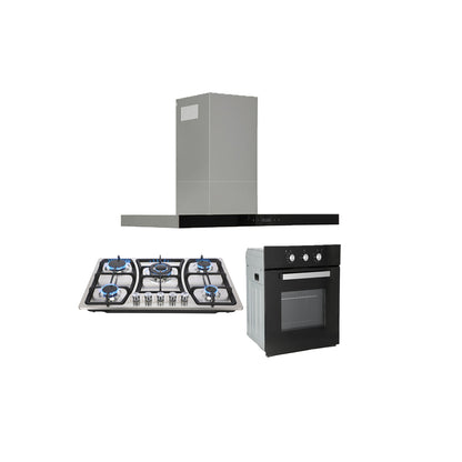 campana extractora de pared en acero inoxidable 90cm, parrilla de gas acero inoxidable de 5 quemadores y Horno eléctrico empotrable de gas