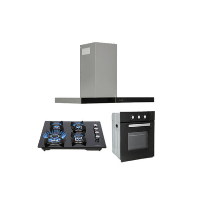 campana extractora de pared en acero inoxidable 90cm, parrilla de gas cristal templado de 4 quemadores y Horno eléctrico empotrable de gas