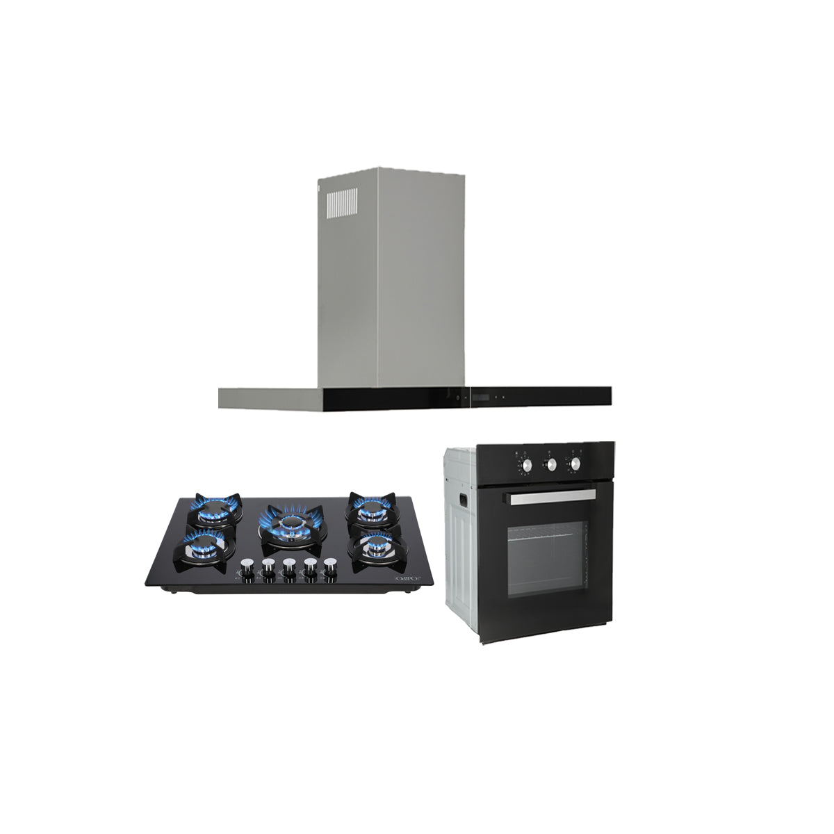 campana extractora de pared en acero inoxidable 90cm, parrilla de gas cristal templado de 5 quemadores y Horno eléctrico empotrable de gas