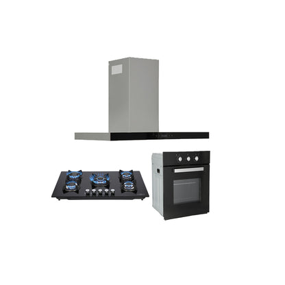 campana extractora de pared en acero inoxidable 90cm, parrilla de gas cristal templado de 5 quemadores y Horno eléctrico empotrable de gas